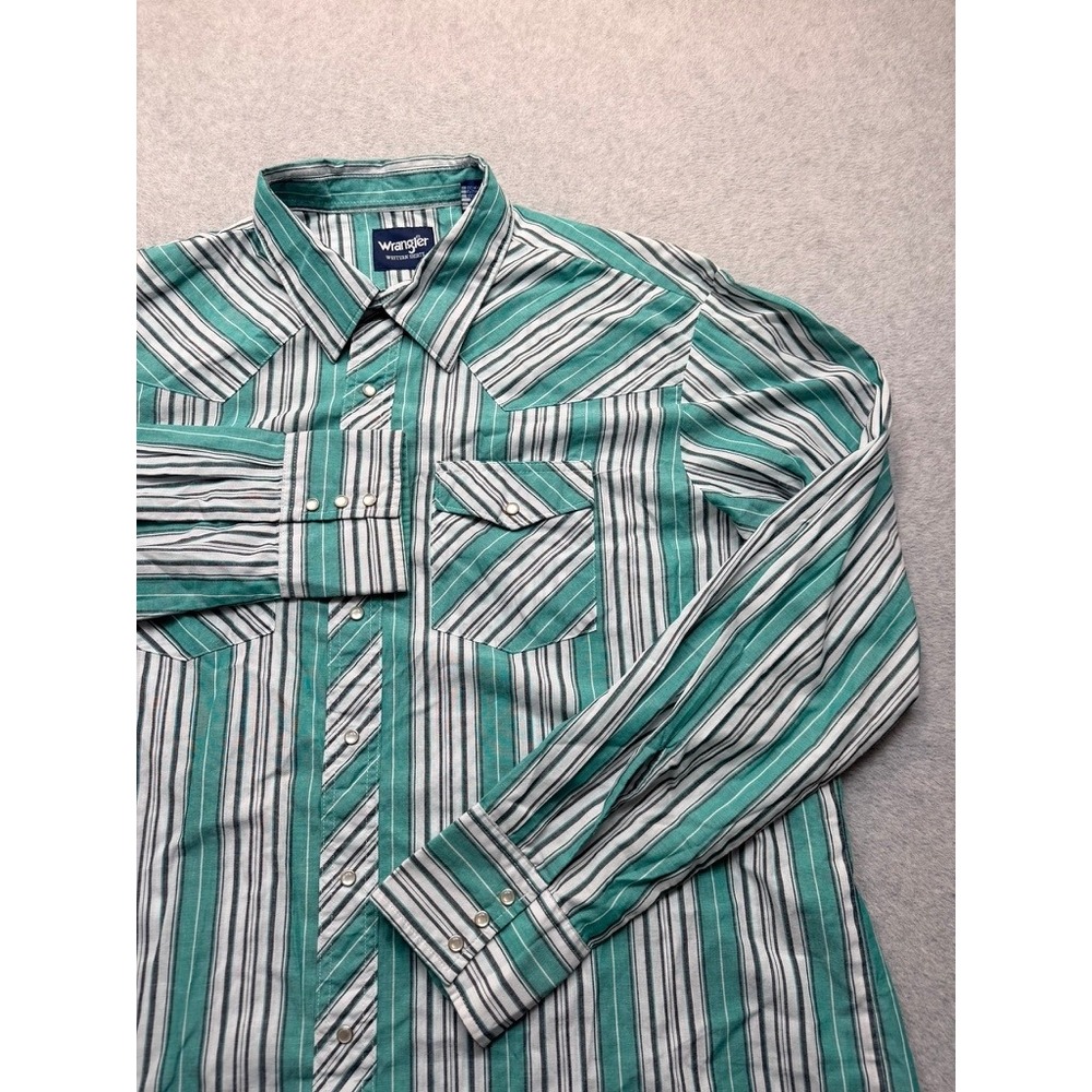 Wrangler Western Shirt Mens 2XT Tall Teal Green Striped Pearl Snap Long Sleeve